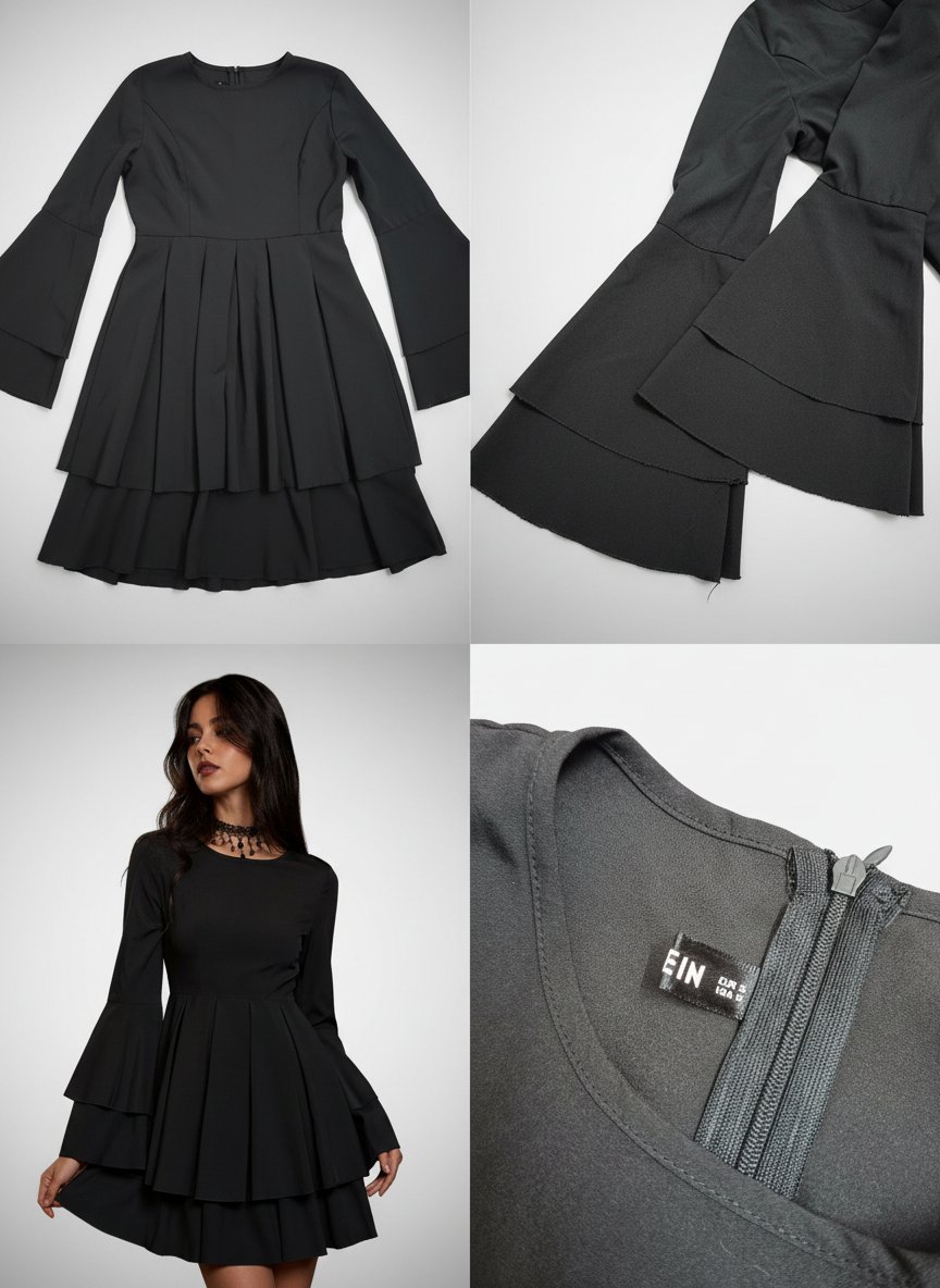 Black layered mini dress with flounce sleeves