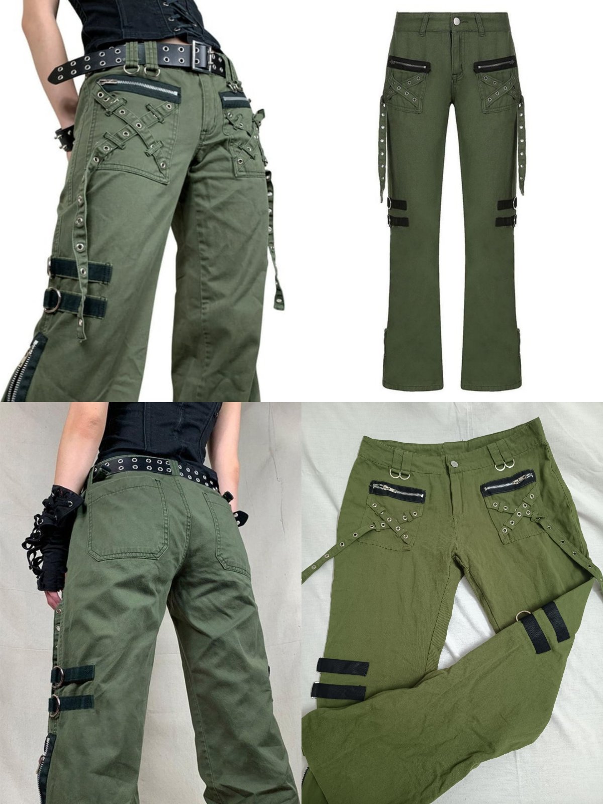 Olive green punk-style bondage trousers