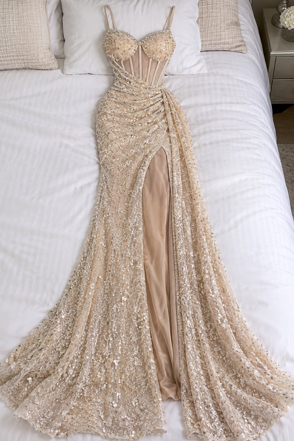 Robe de soirée longue champagne – Broderies & sequins ✨