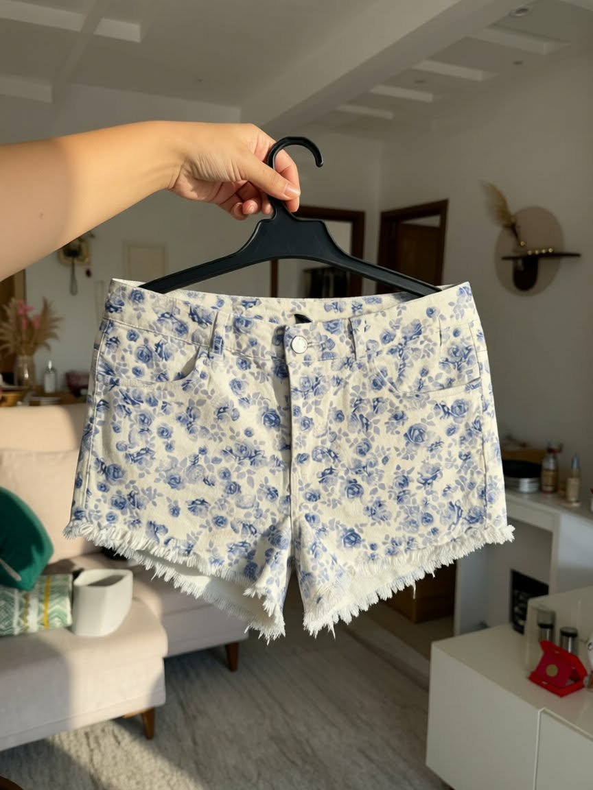  Short en jean blanc à motifs fleuris bleus, de chez H&M. 