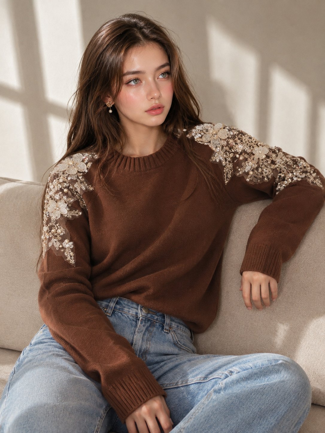 Pull marron avec détails brodés et perlés sur les épaules