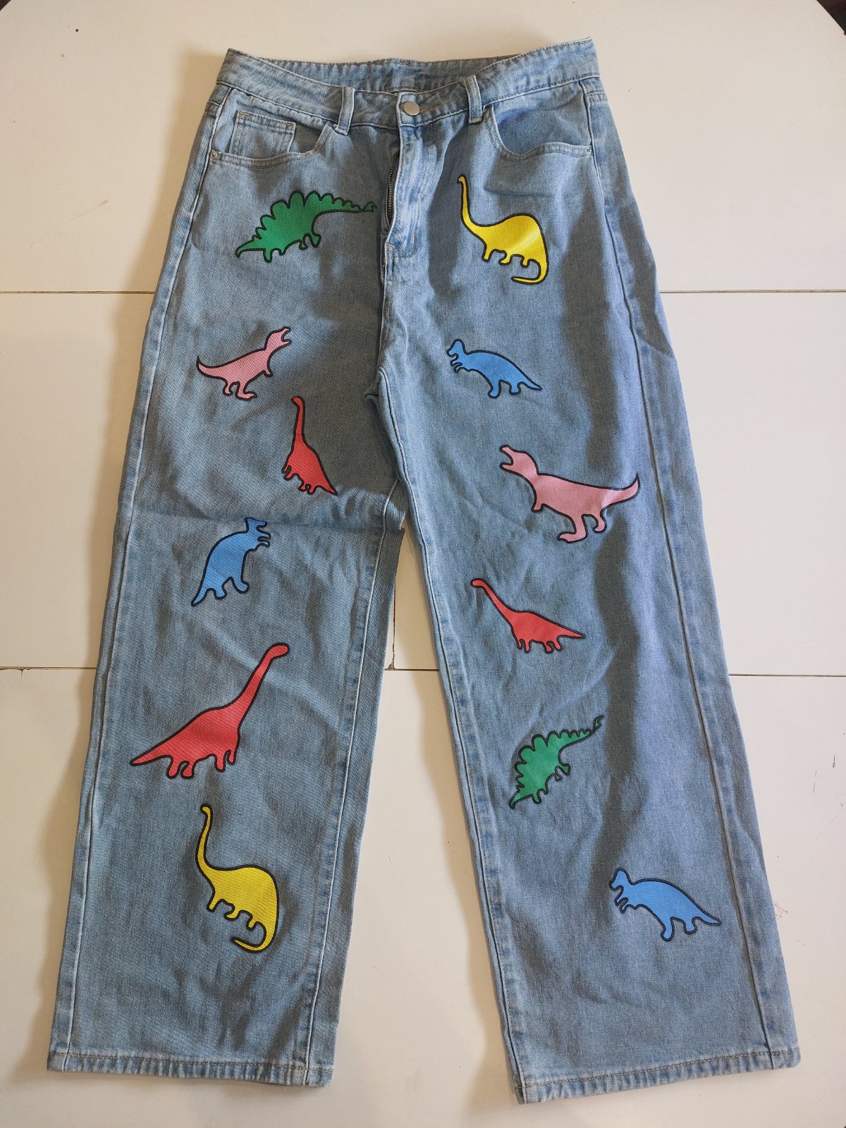 Pantalon large taille haute imprimé dinosaure 