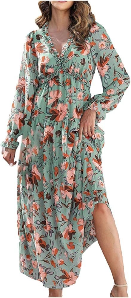  Robe à manches longues avec col en V et motif de feuilles