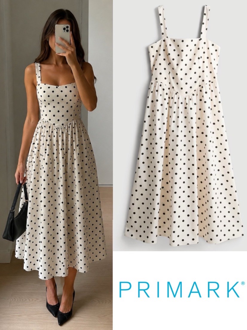 Robe midi blanc ciel à pois noirs – Neuve, jamais portée ✨