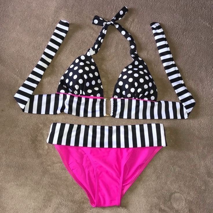 Hot pink, white & black bikini