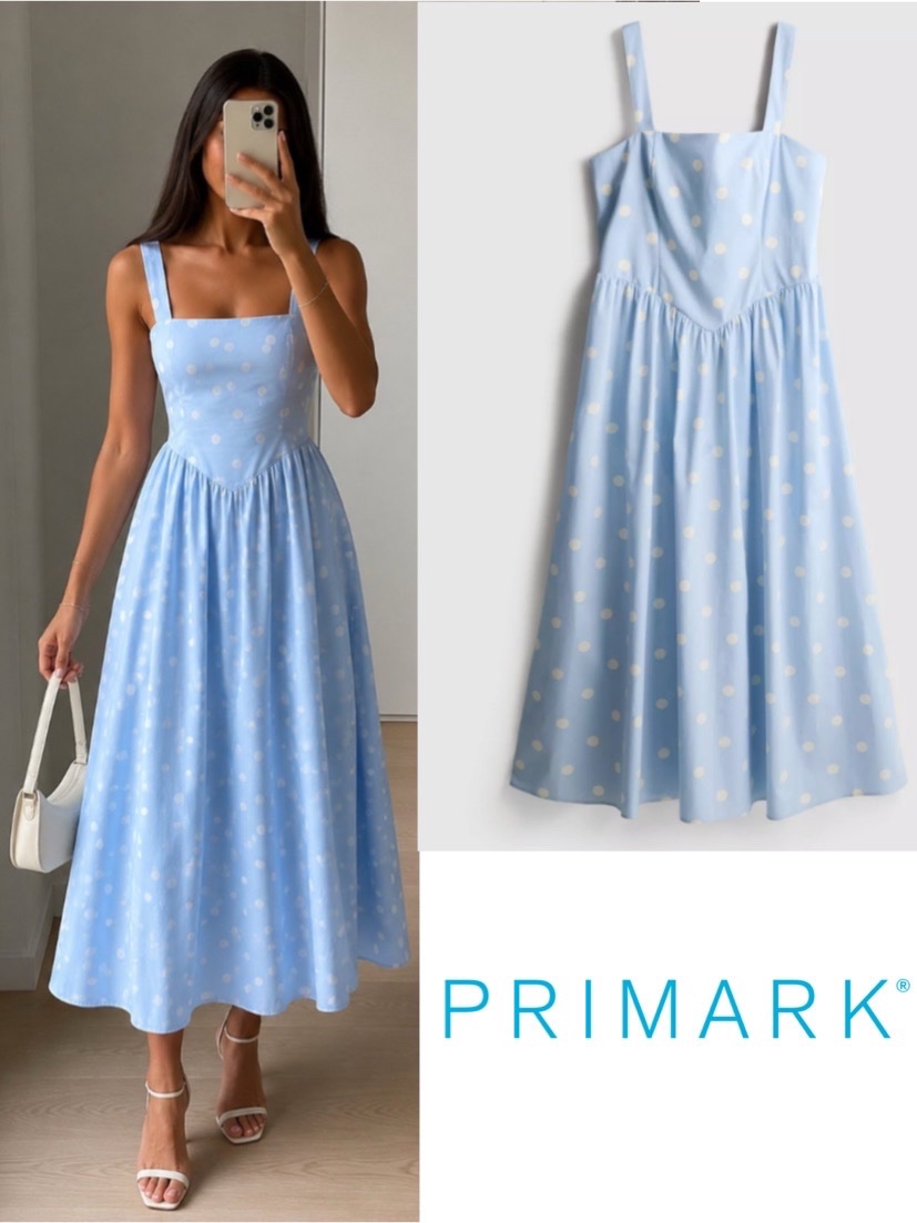Robe midi bleu ciel à pois blancs – Neuve, jamais portée ✨
