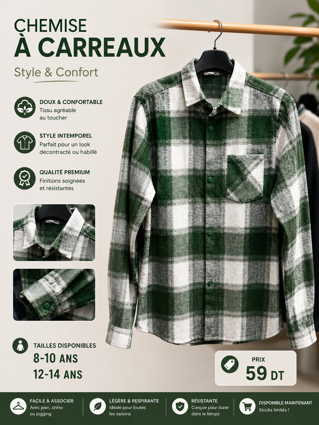 Chemise à carreaux vert et blanc 