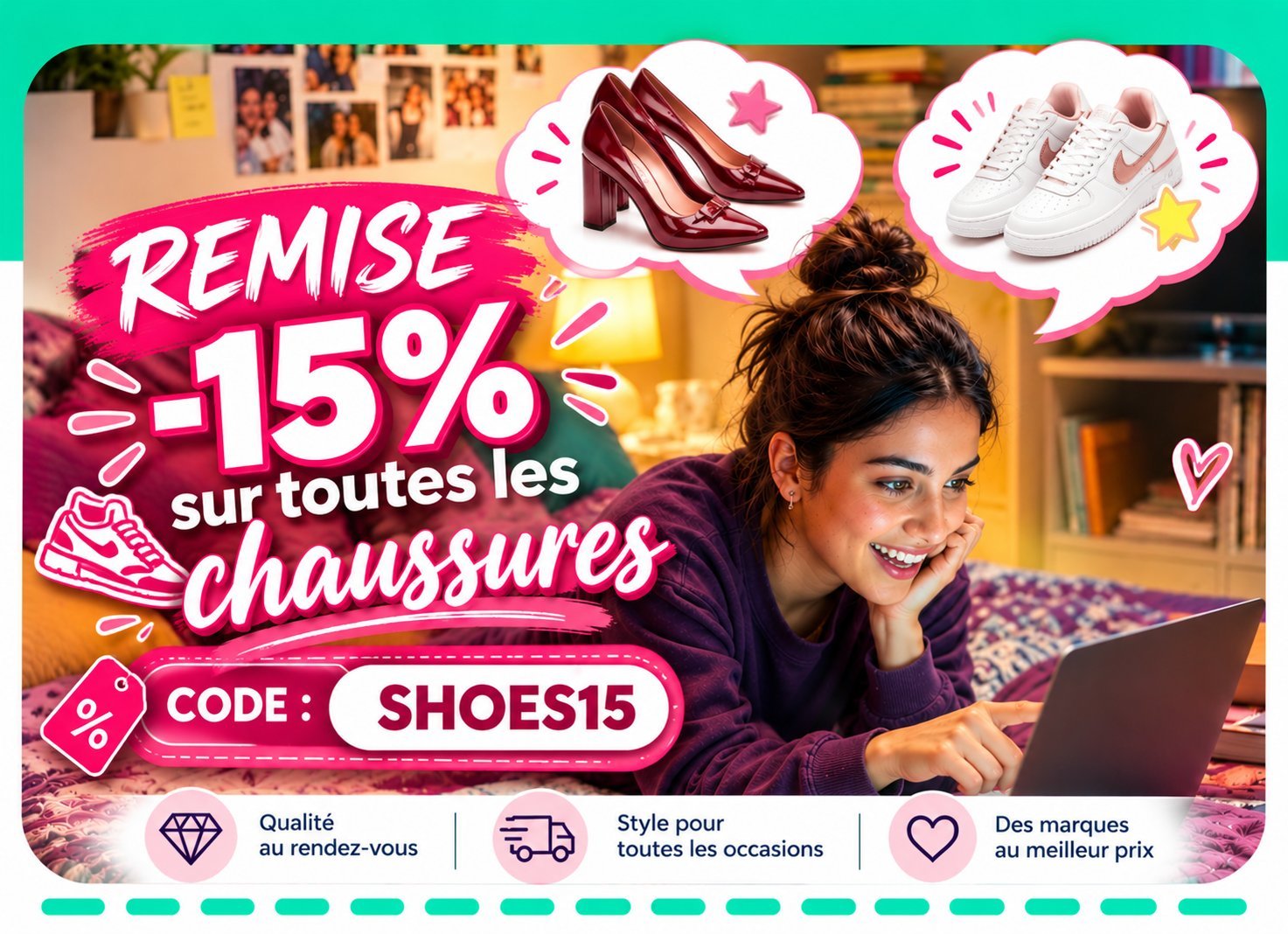 ✨ OFFRE SPÉCIALE -15% ! 🛍️💖 👠 Chaussures : Code SHOES15 👜 Sacs : Code BAGS15