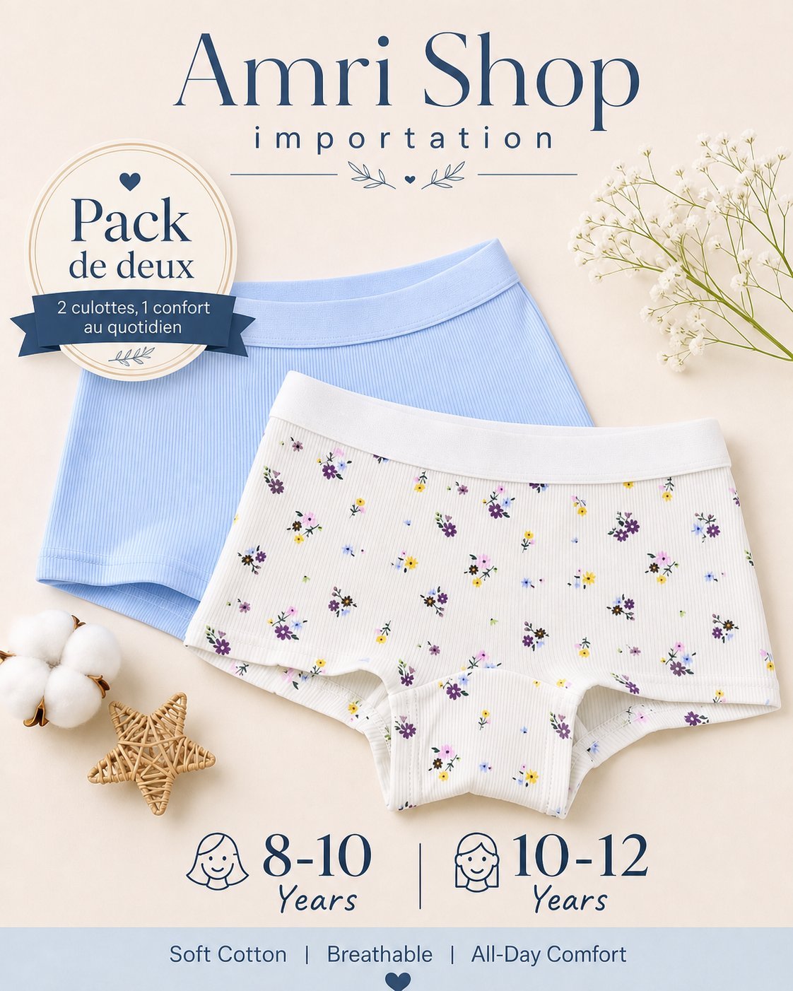 Pack de 2 culottes fille 100% coton 