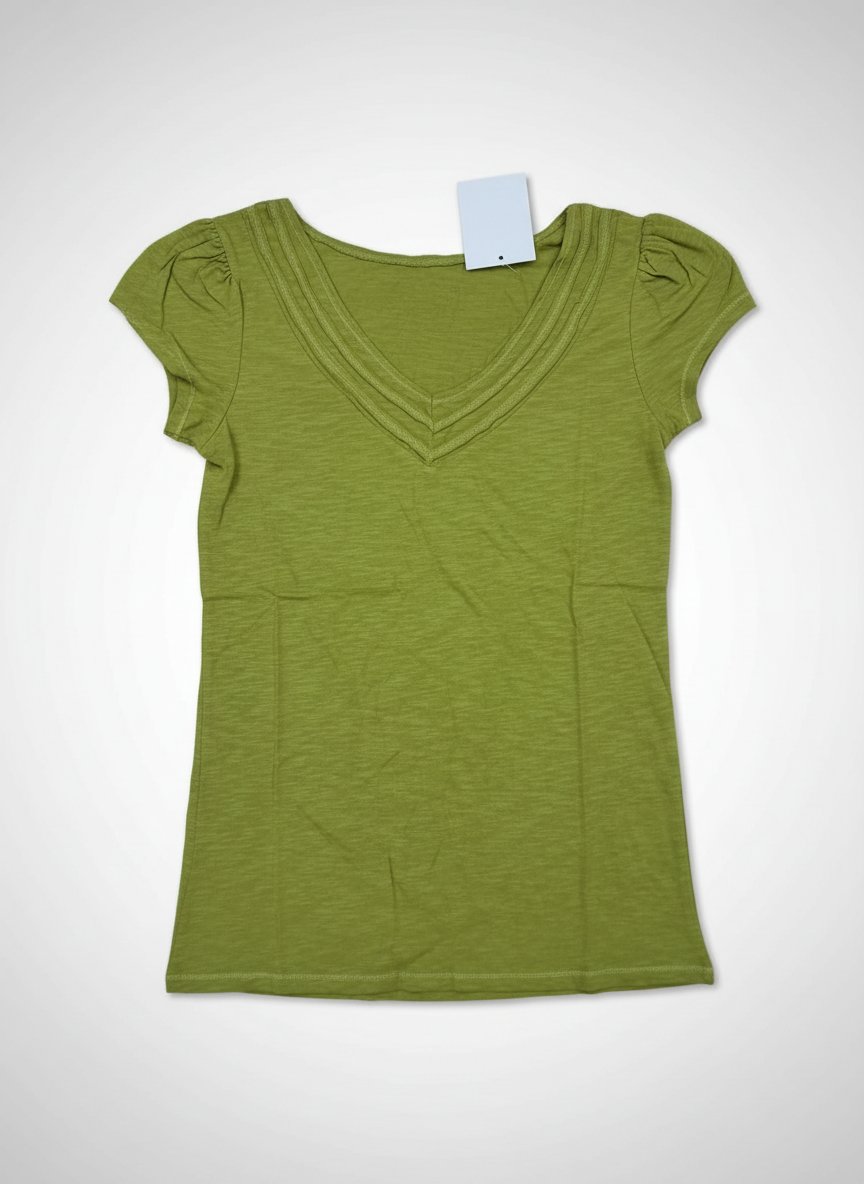 T-shirt Femme Vert - Col V - Manches Bouffante - Neuf avec Étiquette