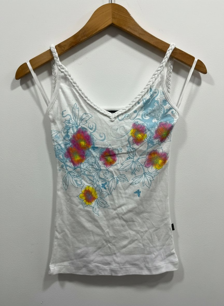 Top à fleurs blanc style bohème avec bretelles tressées