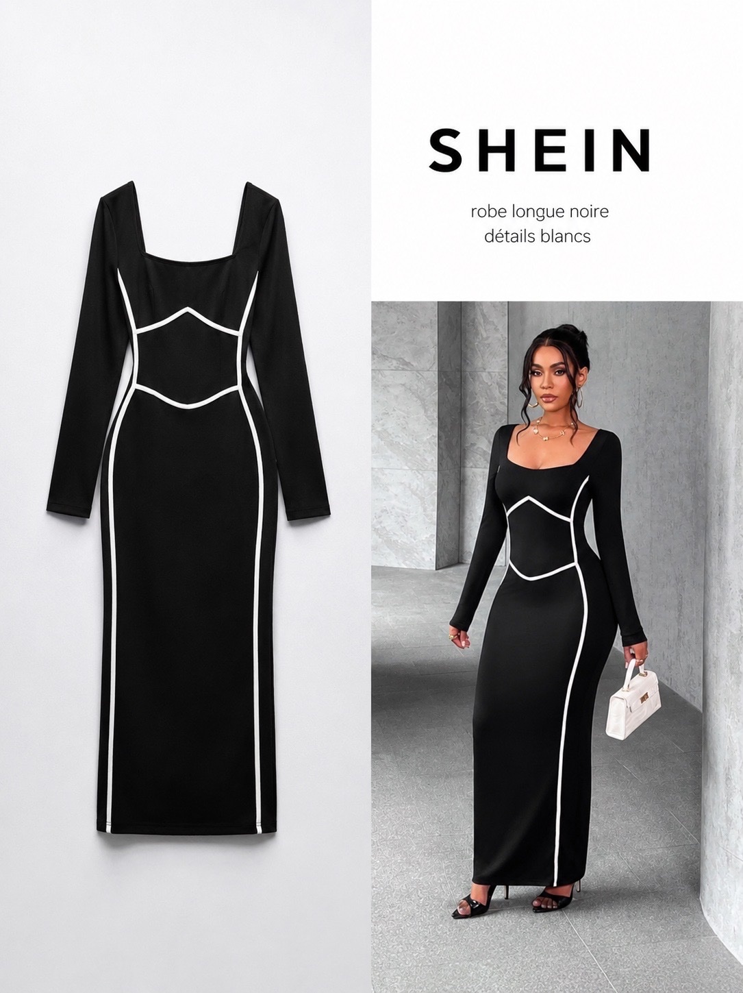 Robe SHEIN noire longue 🖤 Neuve, jamais portée ✨ Coupe moulante élégante Manches longues + décolleté carré Détails blancs 🤍 Très chic pour soirée / sortie 
