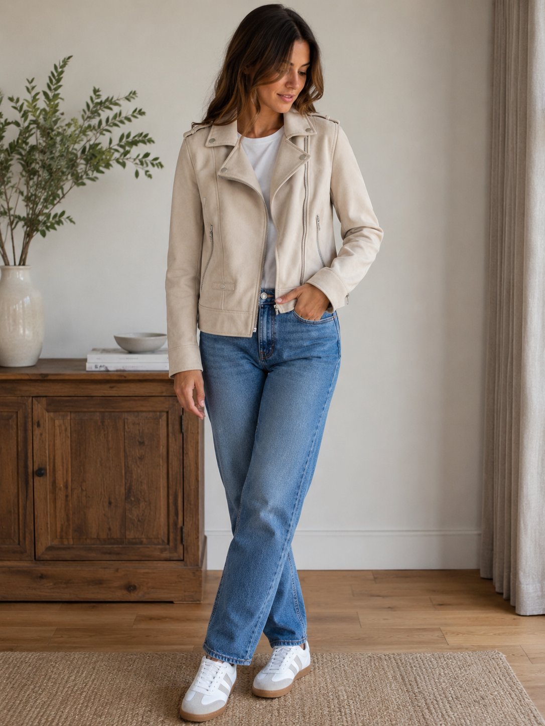 Veste Biker beige clair en suédine. Fermeture zippée. Portée ,un peu usée sur les bras ( voir photos).