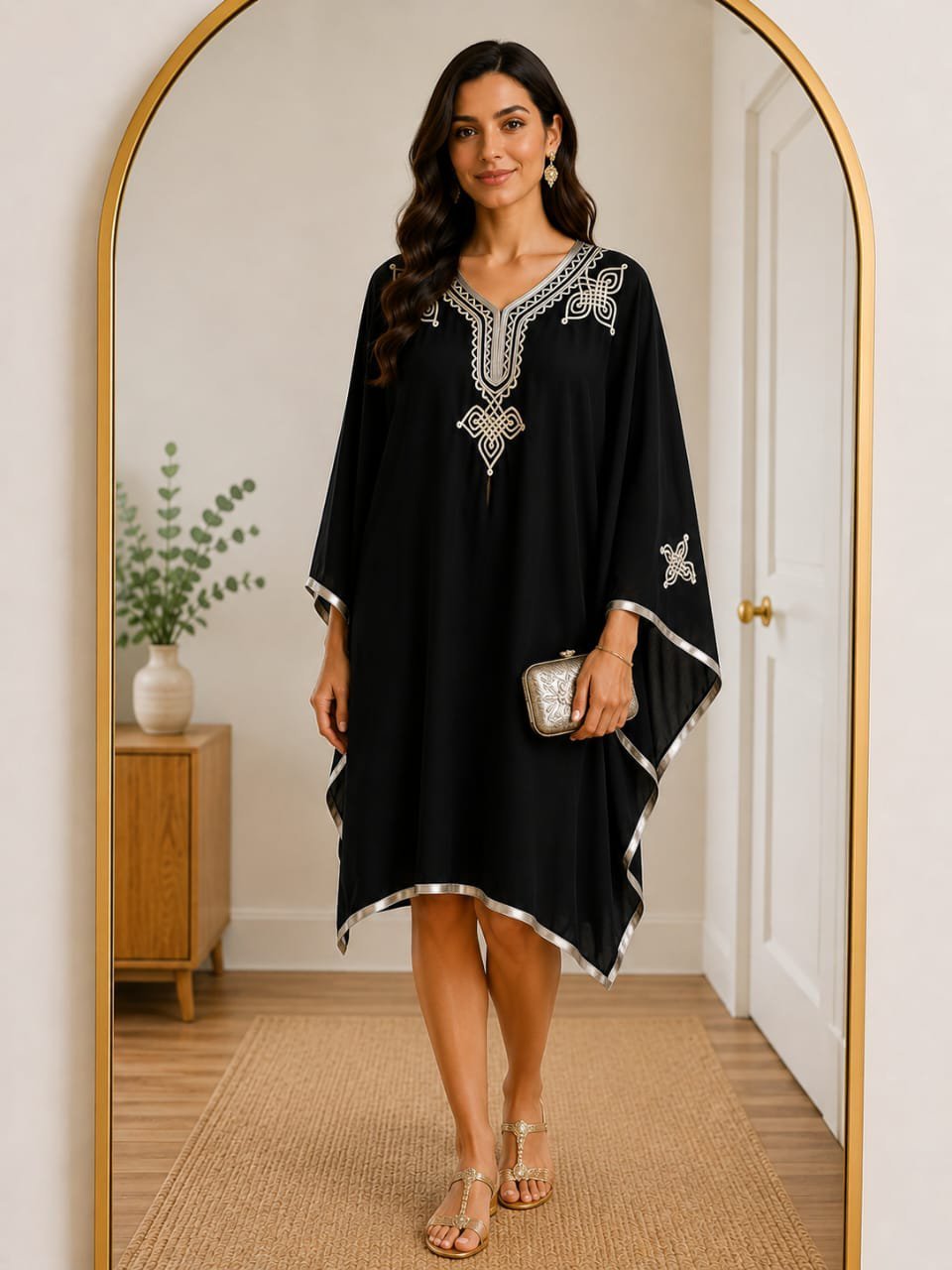 Magnifique poncho en mousseline noire, broderie très raffinée, longueur au dessous des genoux, avec cordon de serrage à l'intérieur, convient à toutes les tailles