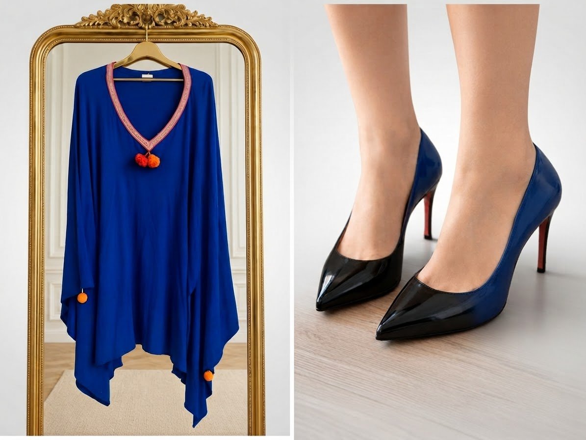 Très bonne occasion ! Magnifique poncho en coton bleu roi et escarpins en verni bicolore. Pointure 38. Convint à 37 aussi 