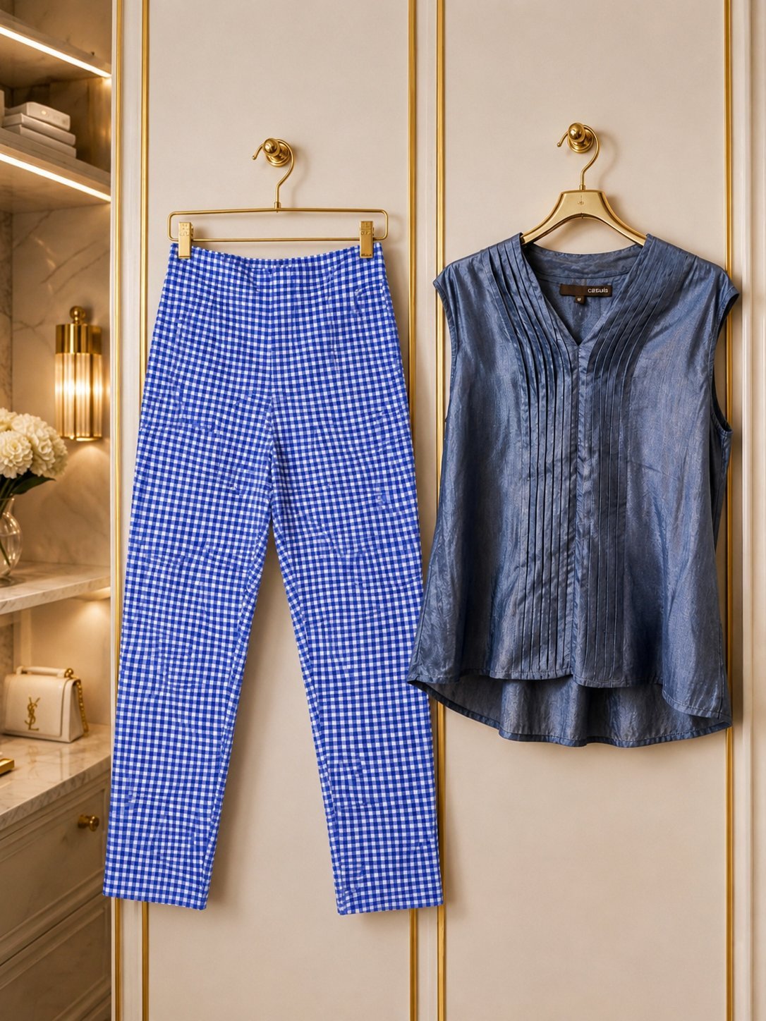 Très beau pack. Pantalon zara à carreaux Vichy. Chemise Cassis 100% soie taille M