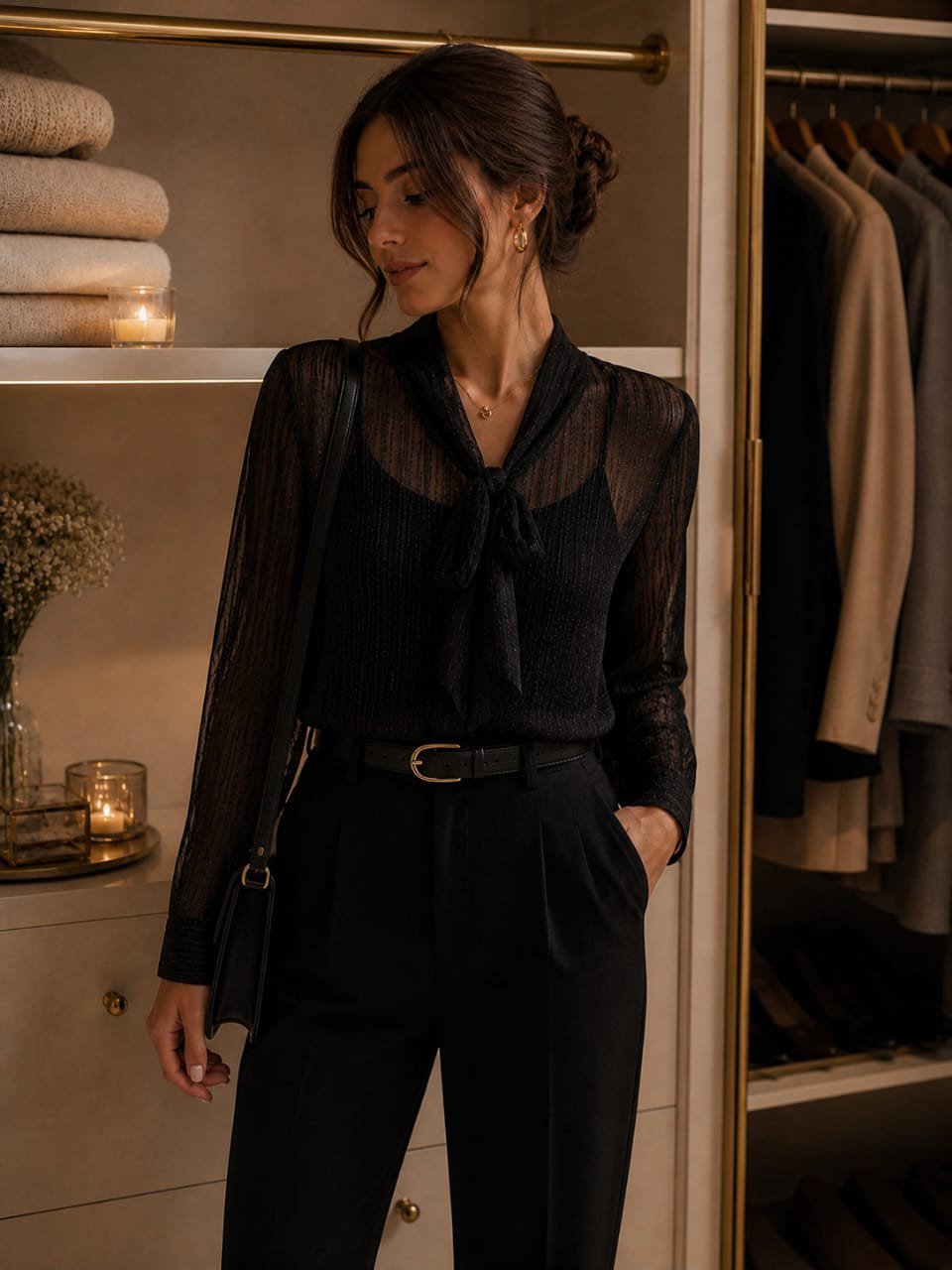 Chemise noire effet transparent, rayures et noeud au cou ,de la marque Coton 