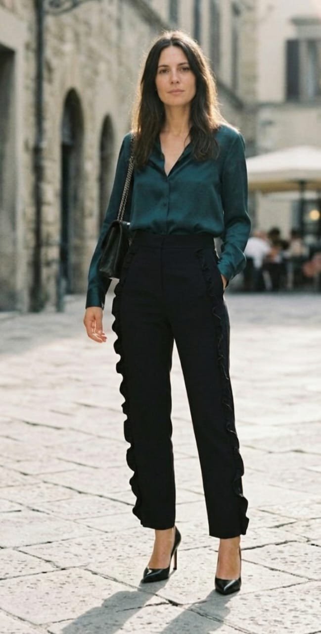 Pantalon zara tendance, coupe droite, volants décoratifs sur les côtés.