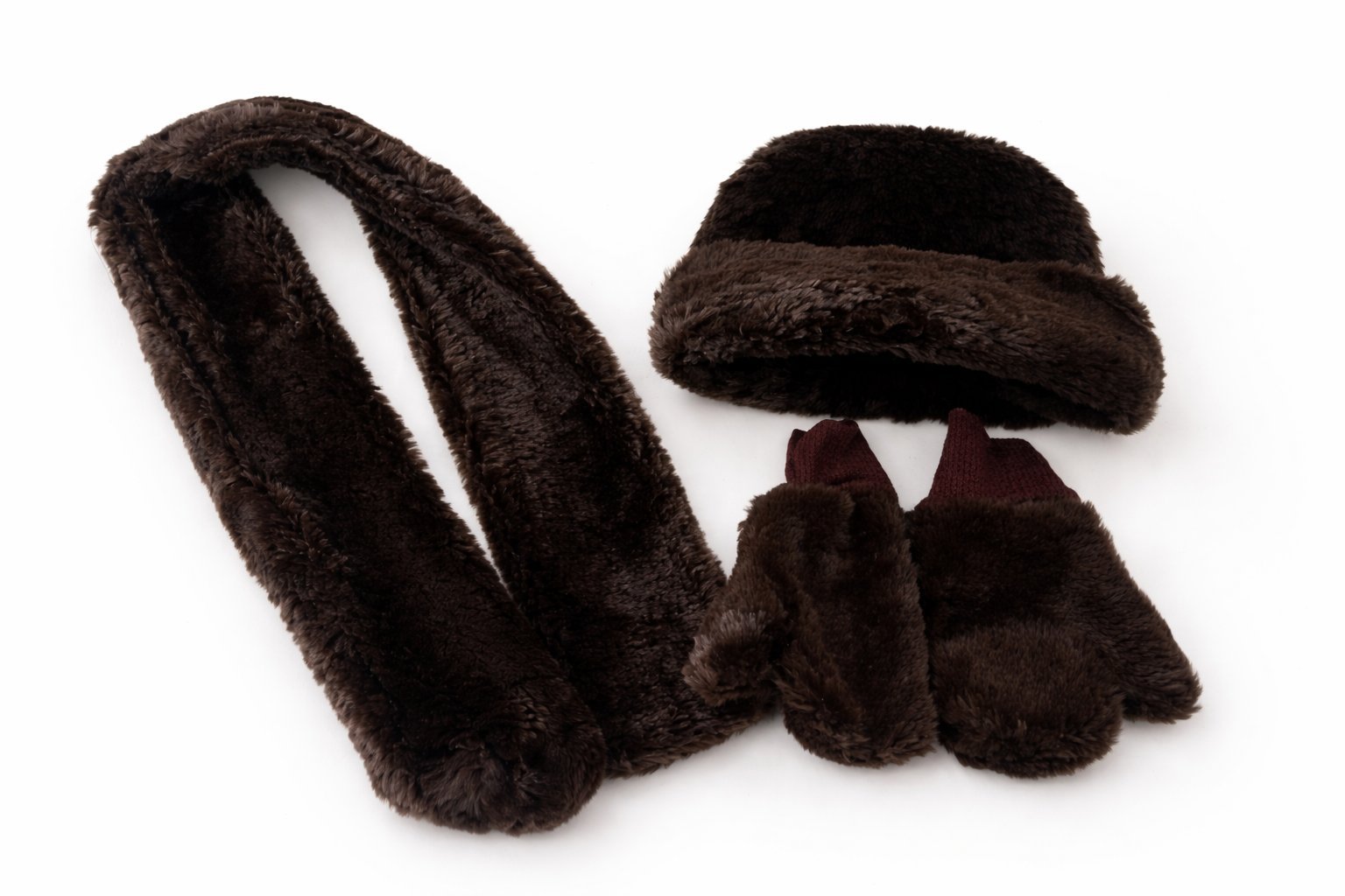Ensemble bonnet, cache col et gants en fausse fourrure marron foncé, convient petite tête et petites mains