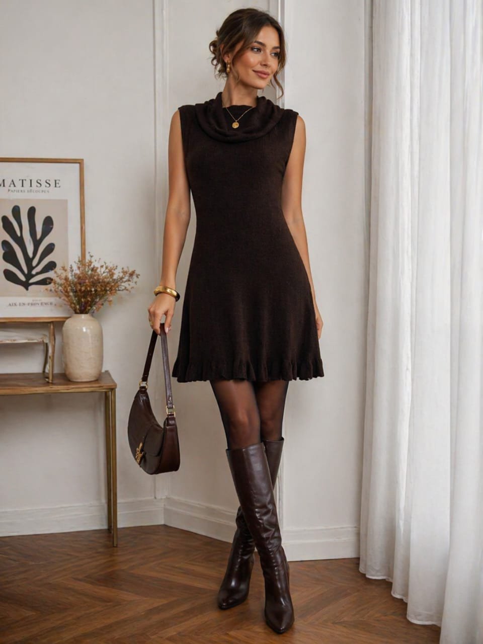 Robe en laine douce, marron chocolat,sans manches et col montant. Convient à taille M/ L 