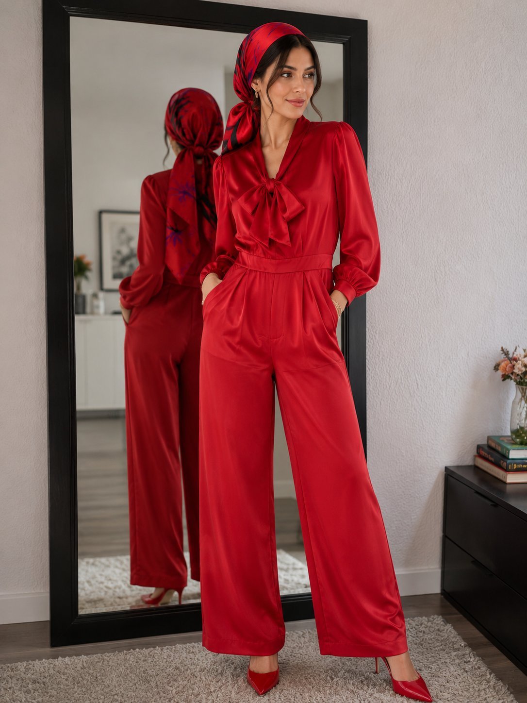 Combinaison satinée rouge élégante avec foulard en soie pure assorti. Ensemble idéal por vos soirées et fêtes