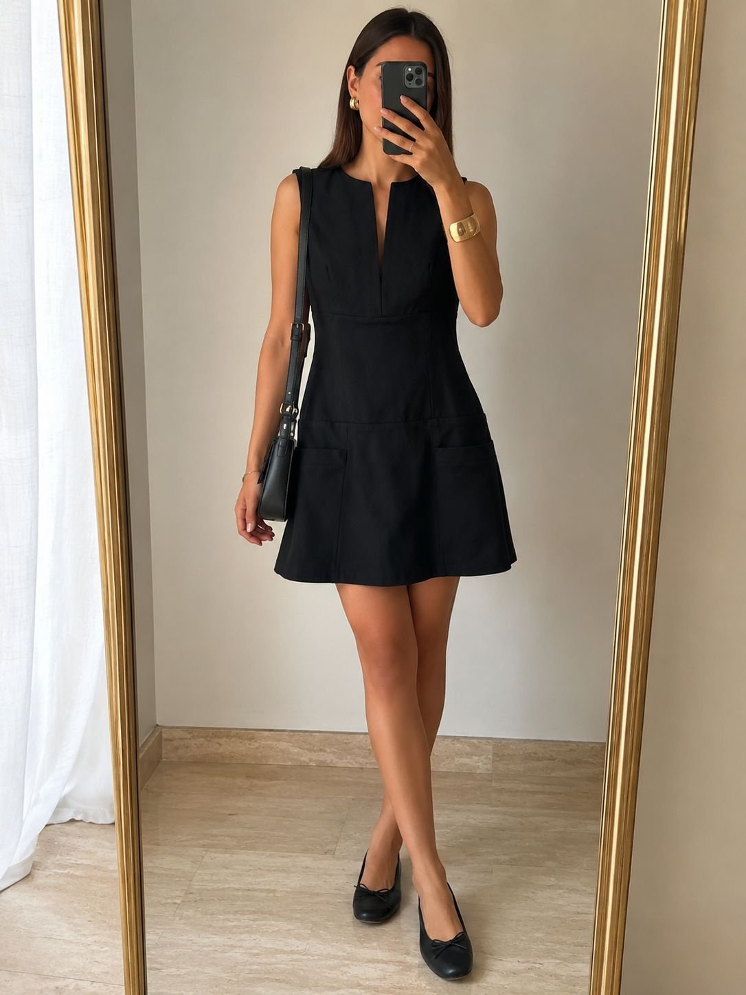 Robe noire de la marque Pretty Little Things. Coupé évasée, tissu léger. 