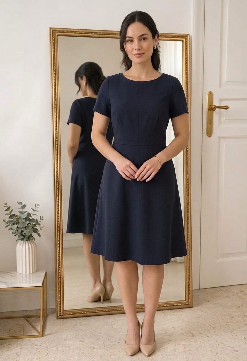 Robe bleu marine simple et très élégante,taille M mais convient à du L, coupe évasée, fermeture à glissière dorée au dos, avec doublure. 