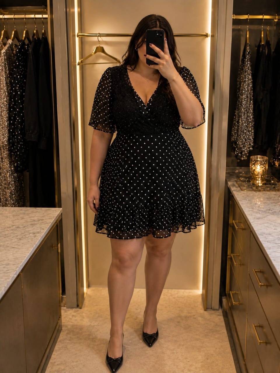 Magnifique robe noire à points blancs. Tissu voile léger doublé.Dentelle noire florale ajoutant une touche sophistiquée.