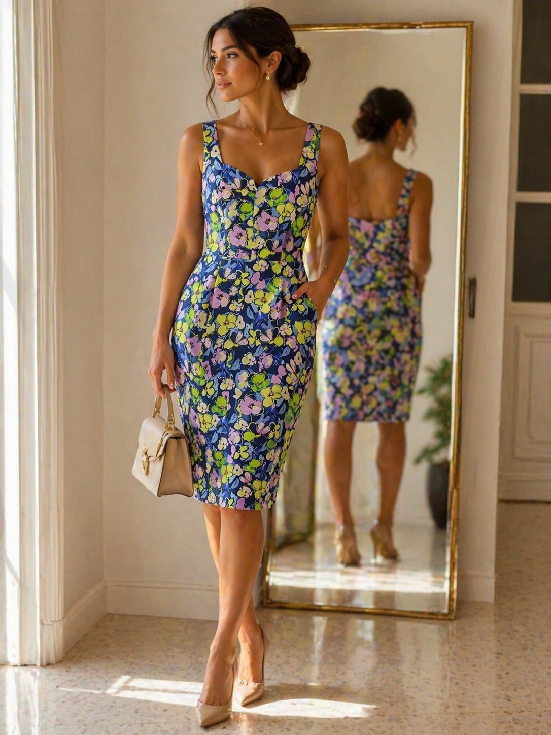 Magnifique robe sans manches à la coupe élégante et ajustée, fond bleu marine, imprié floral, taille 36/38, état neuft