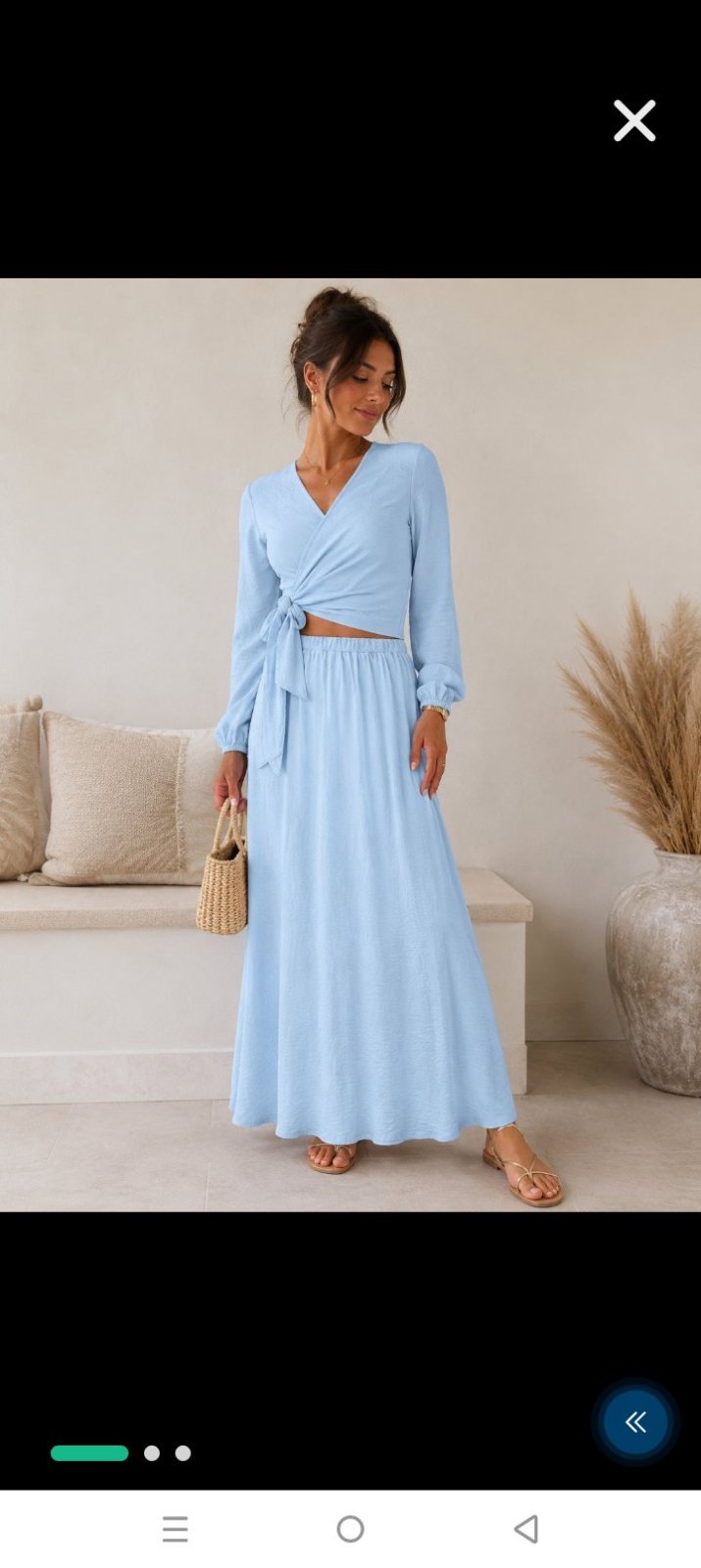 Magnifique ensemble bleu pastel. Haut cache-coeur, jupe longue . Tissu Gase de coton, léger,fluide et légèrement froissé.