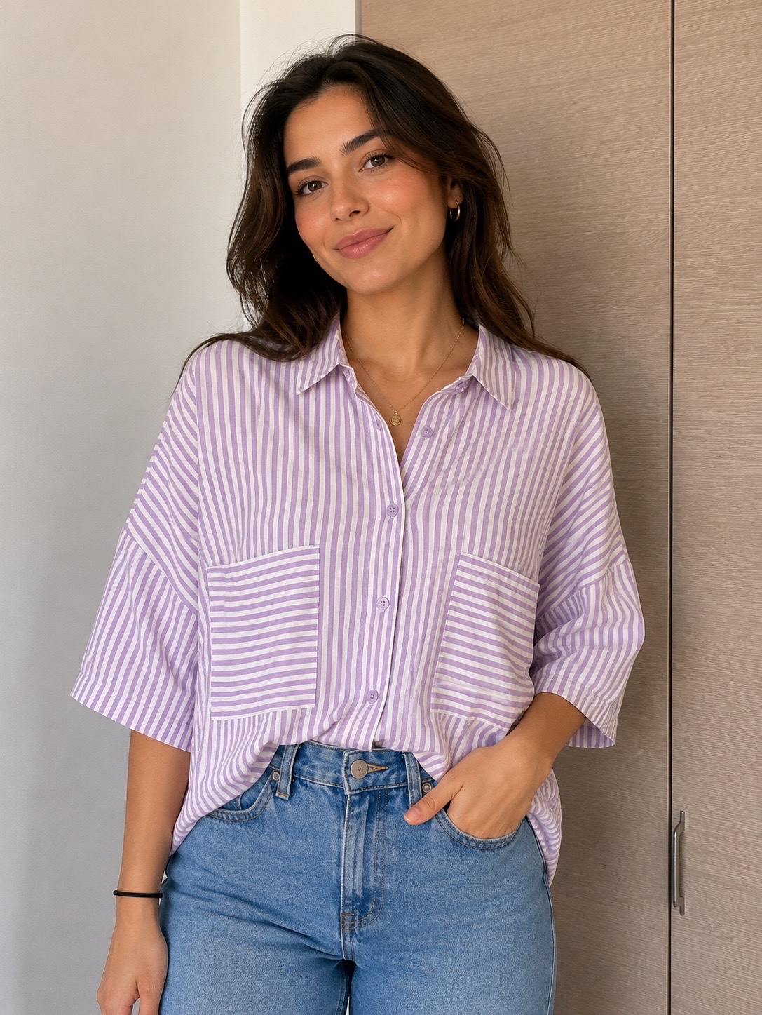 Chemise oversize rayée lilas et blanche
