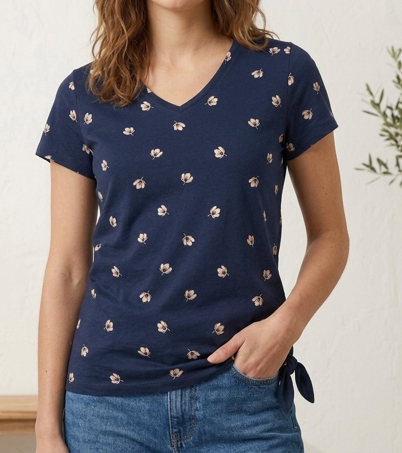 T-shirt bleu marine à motif floral avec nœud sur le côté