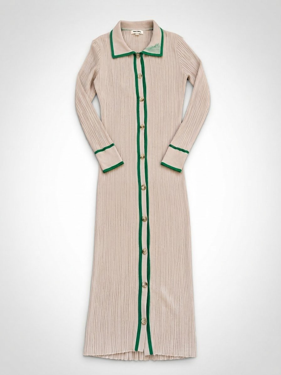 Robe longue en maille côtelée beige avec détails vert