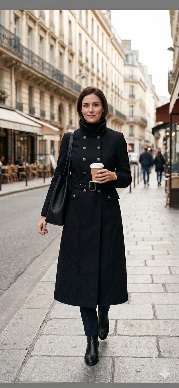 Manteau noir style officier75%laine vierge
