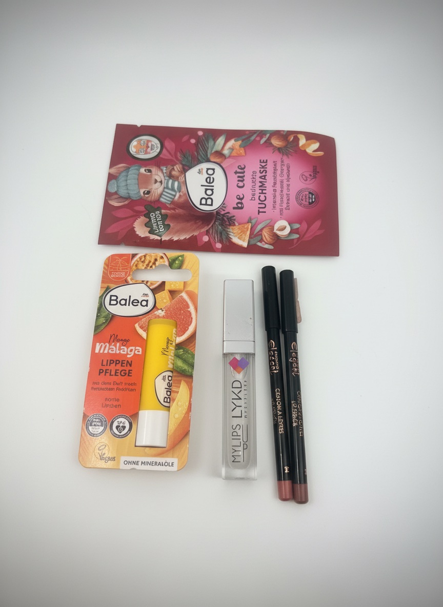 Masque Balea (facial mask)  + baume à lèvres Balea Mango + lipgloss transparent LYKD + 2 crayons à lèvres elegant