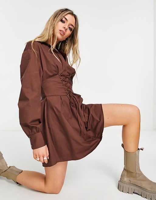 Bershka corset detail tie up dress in chocolate