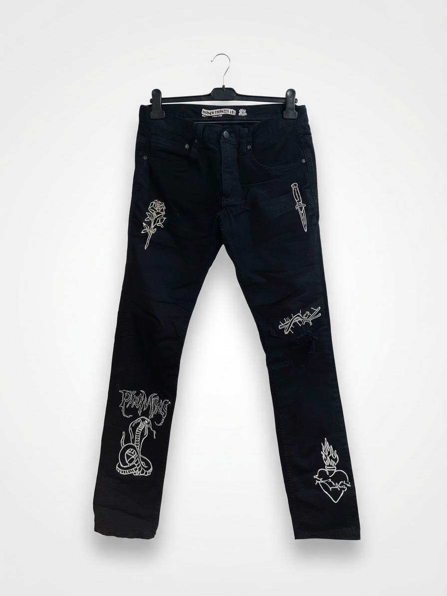 Broken Promises Jeans Men's Size 32 Black Gothic Emo Cobra Rose Ripped Denim Tat