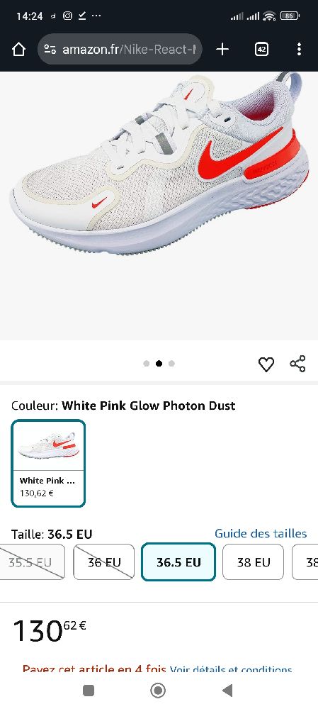 Spadri original de running Nike React Miler , de couleur blanc cassé avec des détails rose , aucune défaut pointure 38.5 convient aussi pour 39
