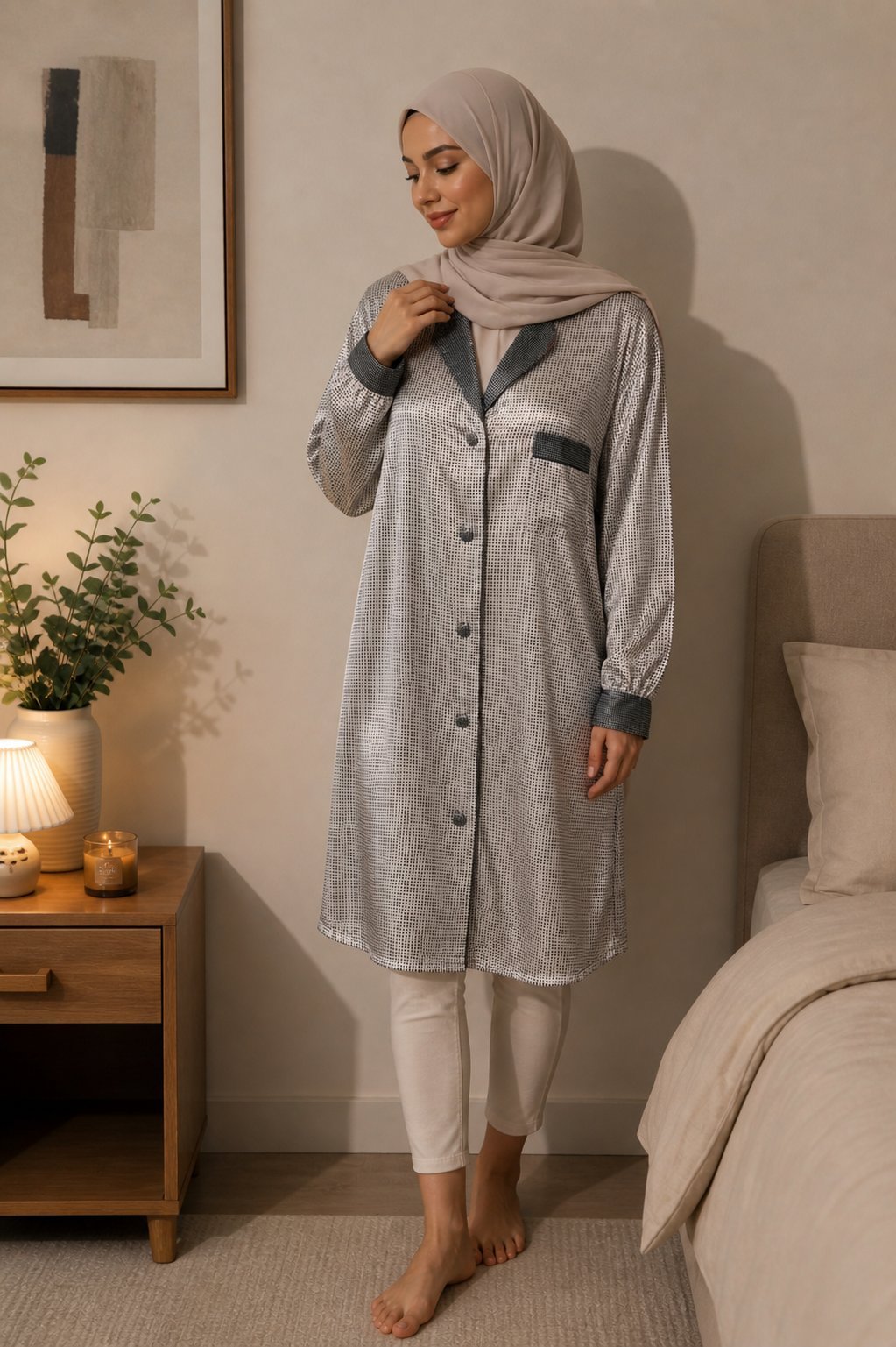Chemise longue oversize blanc et noir  satiné mais en 33% polyester et l'intérieur en laine marque canadienne ROSH, convient pour femme voilée ou non voilée ,tlbess 38.40.42.44