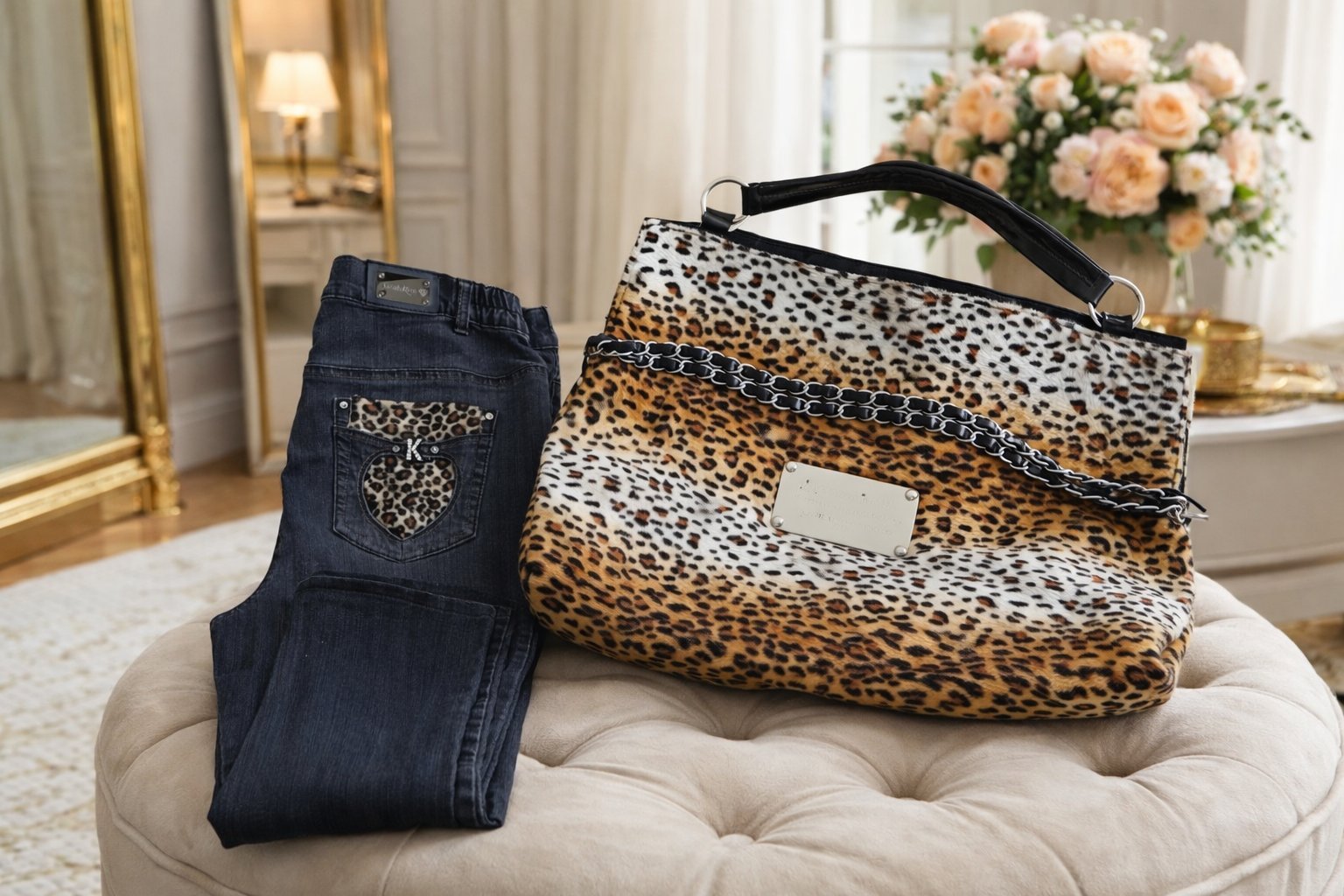   Pantalon de marque sarah kern  taille 42-44 importé d’italie, grand sac Leopard tjm tehzzo pour voyage machallah kbir ,des petits tâches à l’intérieur ça se voit pas ,tjm thezzo تغسلو
