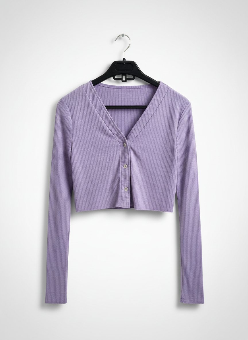 Pull crop top côtelé violet à manches évasées 