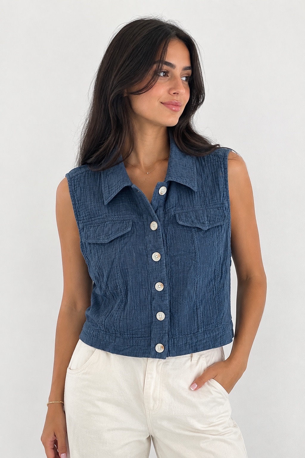 Gilet sans manches bleu denim à col chemise 💙