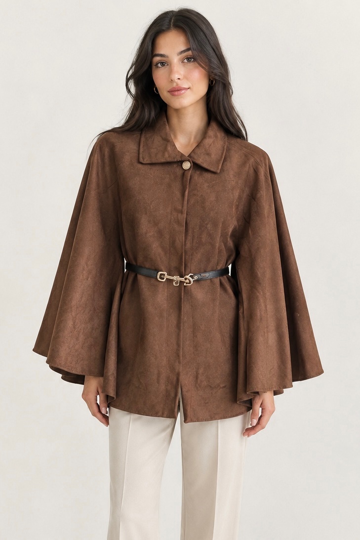 Cape / Veste femme marron effet daim avec ceinture 🤎