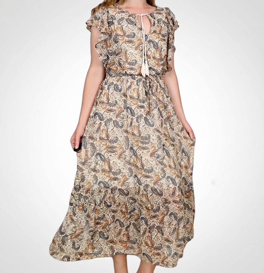Robe esmara longue beige, bleu & camel