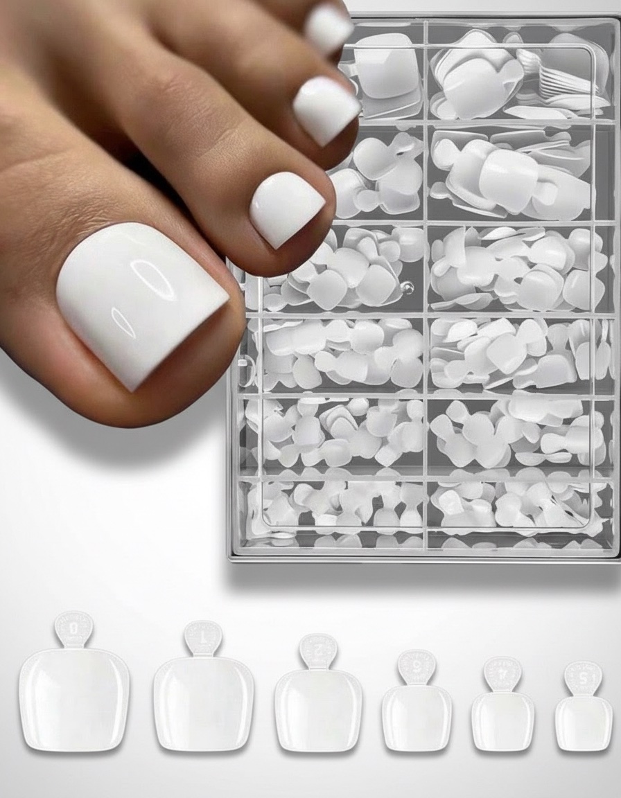 240 pièces Faux ongles d'orteil, 12 tailles, extensions d'ongles d'orteil adhésives à couverture blanche complète, extensions d'ongles d'orteil en acrylique de qualité salon