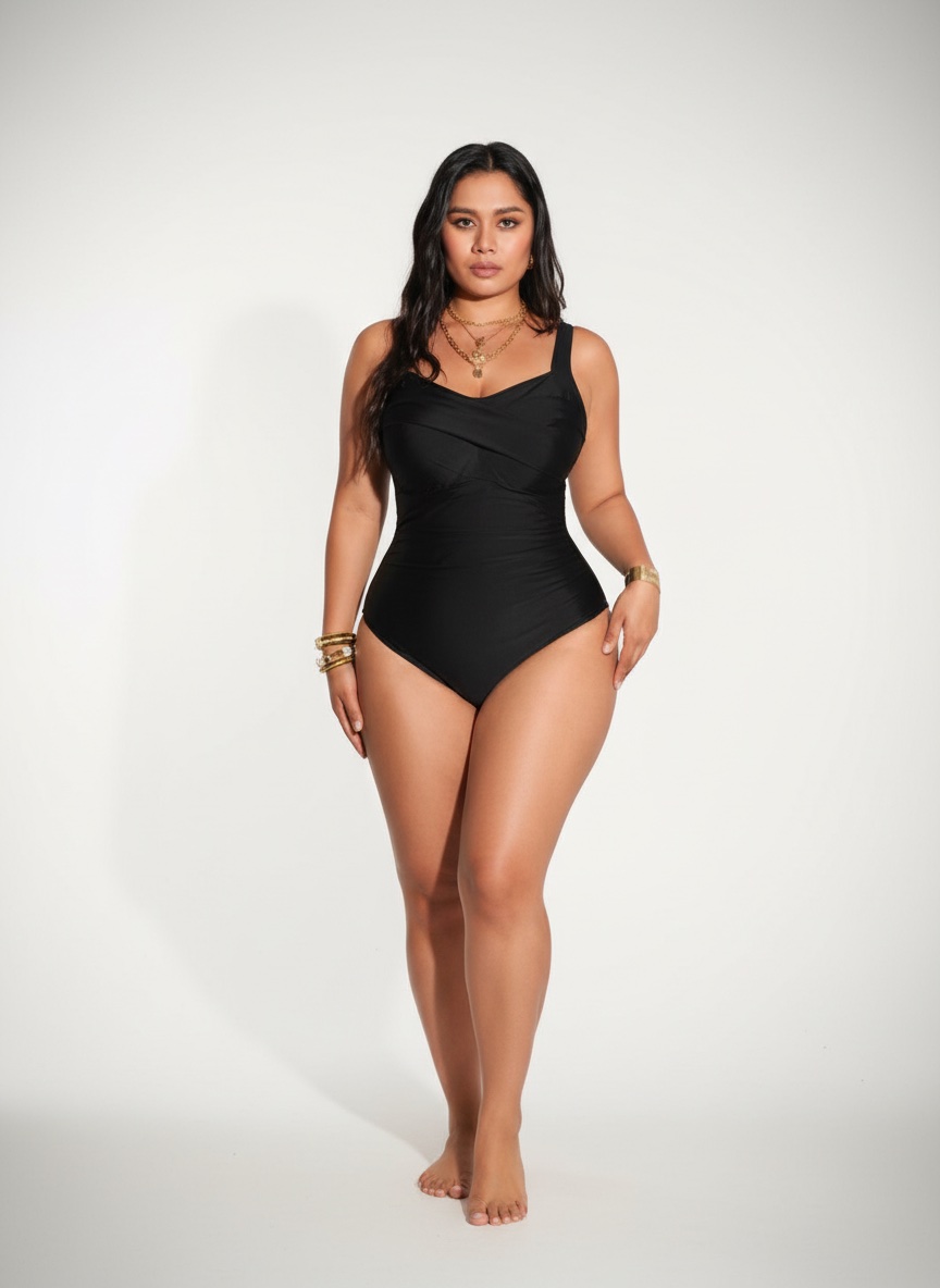 Maillot de bain une pièce plissé de couleur unie Noir et ajustable