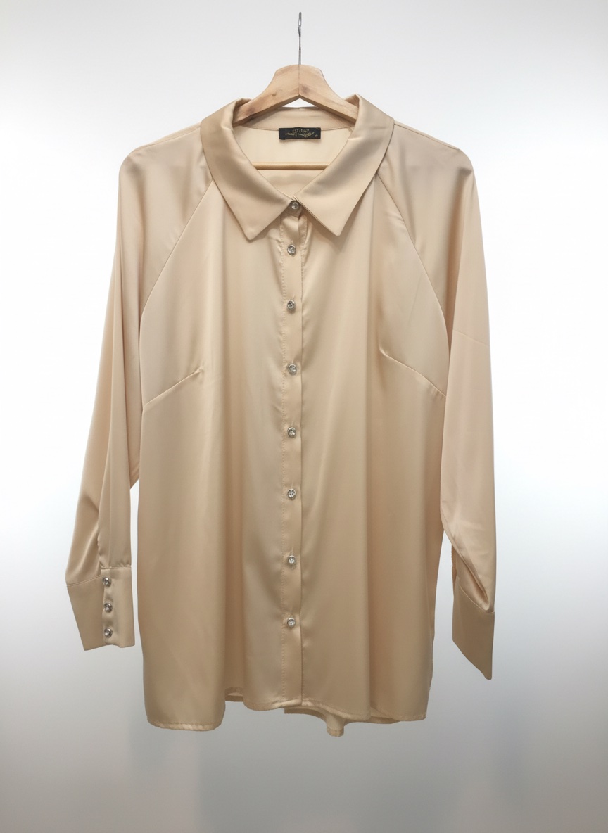 Chemisier beige dorée en satin avec des manches longues et des boutons sur le devant. 