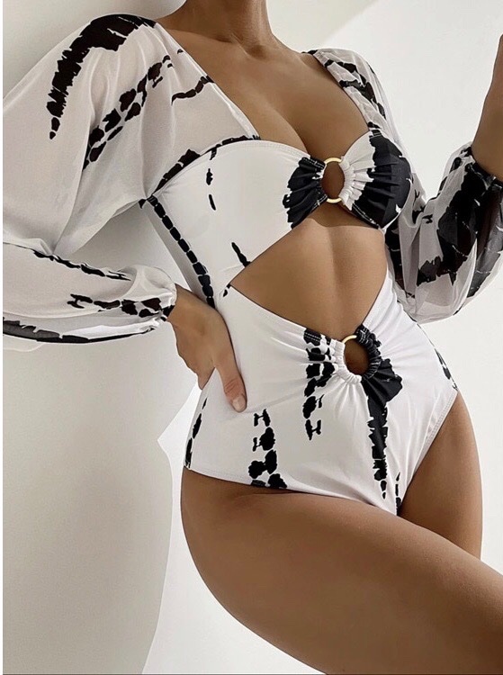 Maillot de bain une pièce à manches longues, personnalisé, à imprimé, avec découpe