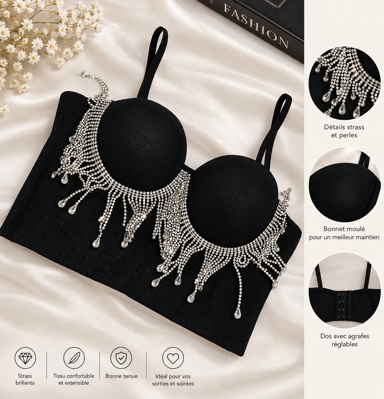 Bustier noir élégant avec strass et perles