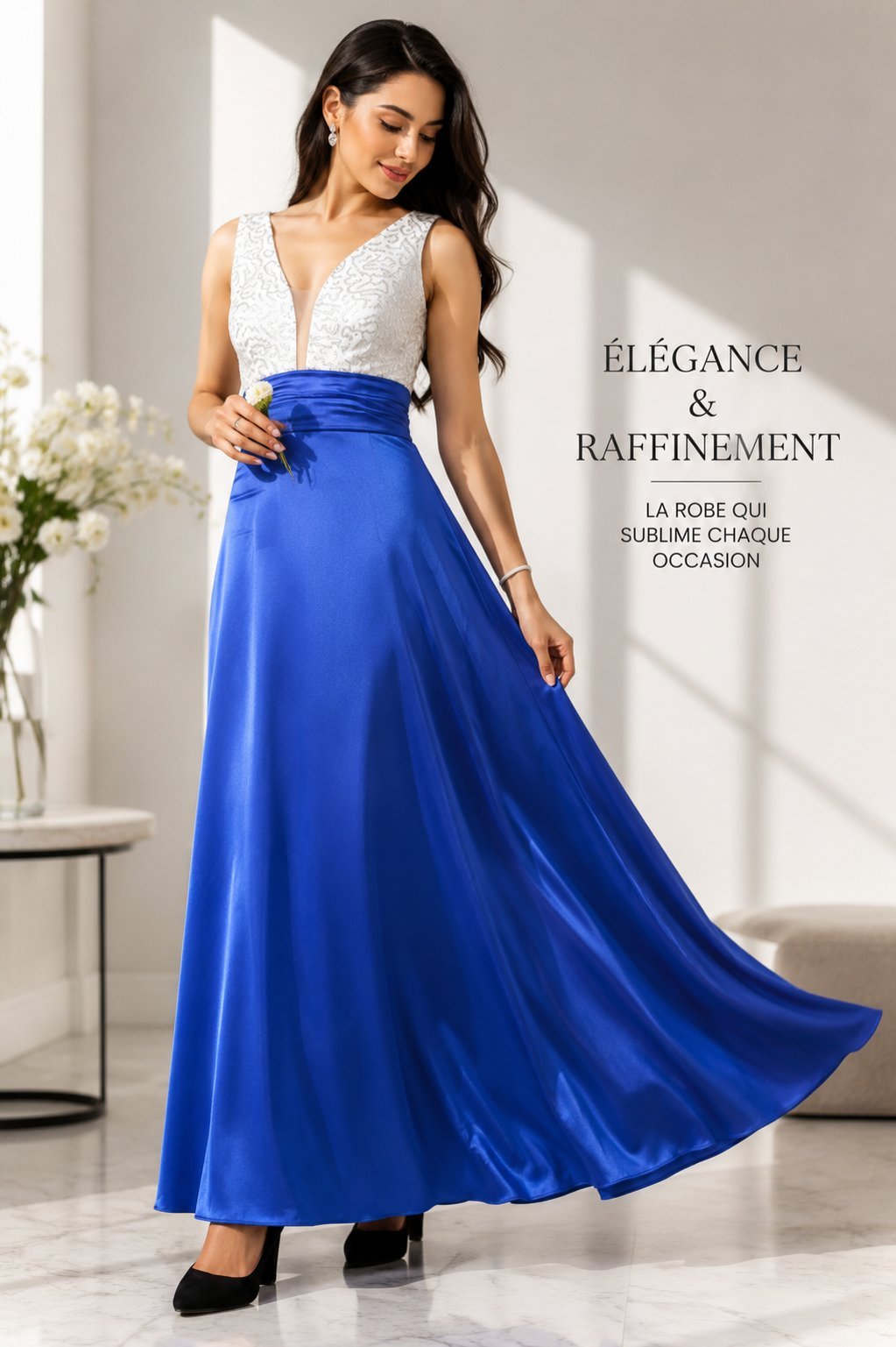 Robe de soirée longue élégante – Bleu Royal & Blanc